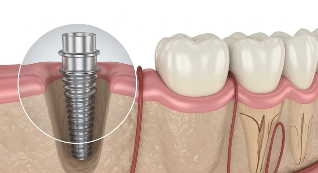 Ilustración detallada de un implante dental de titanio y corona.